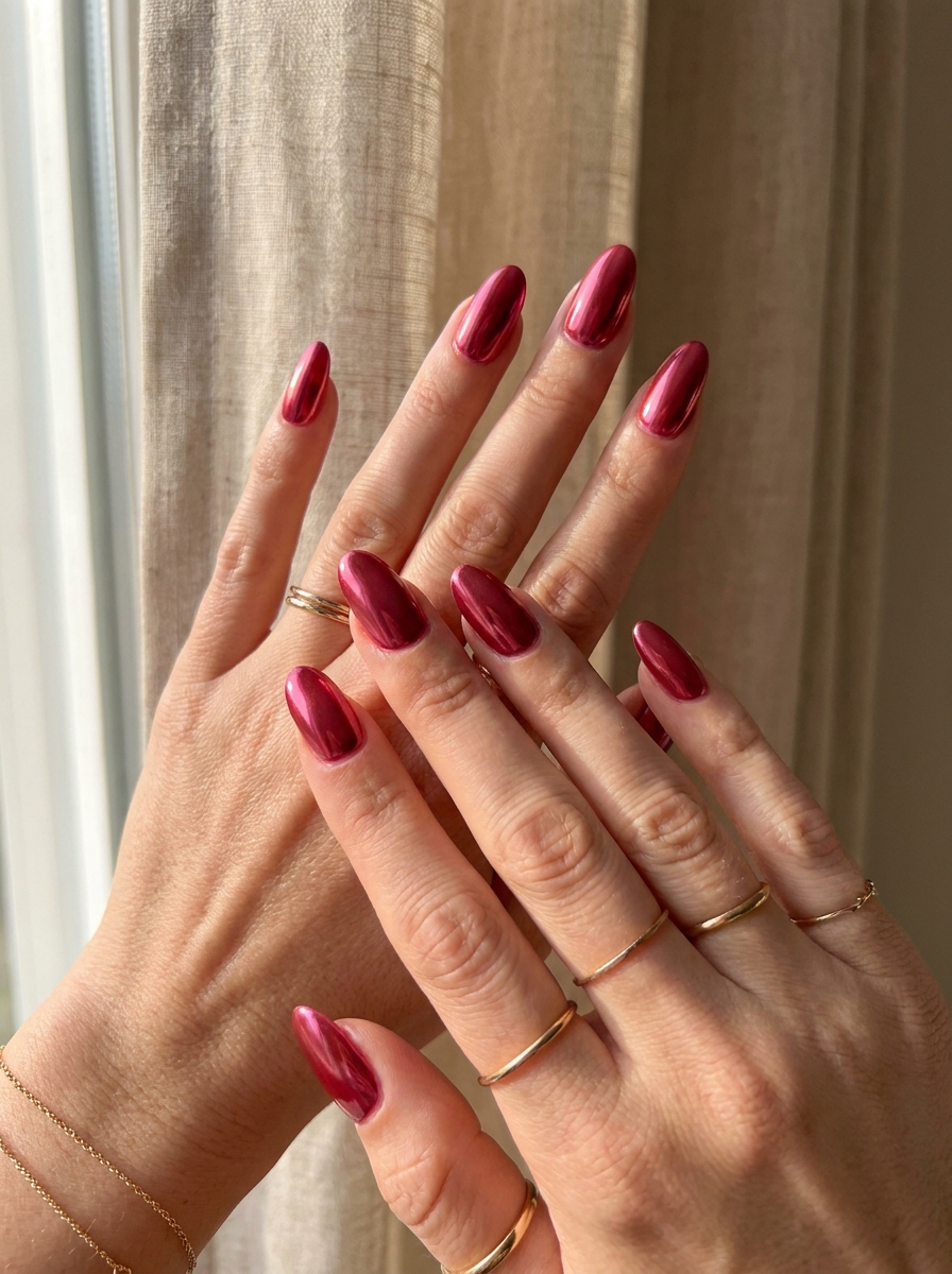 Metallic Himbeerrot Nägel mit frischem Chrome-Schimmer